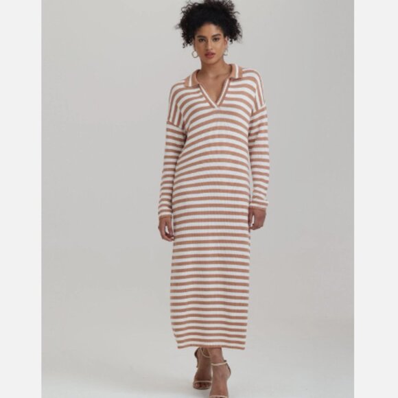 525 Raya Neutral Striped Polo Knit Midi Sweater Dress Sz Large $179 - Picture 1 of 8